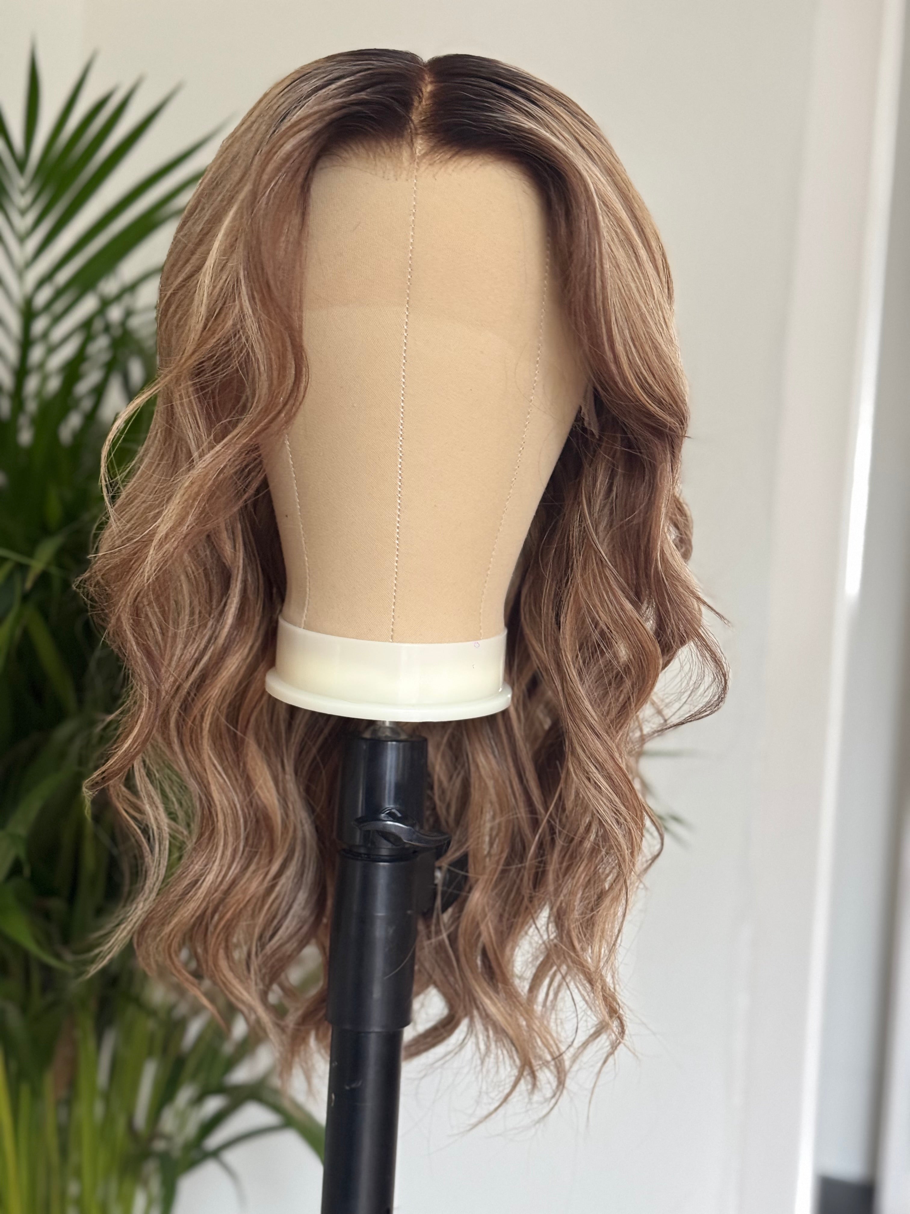 22 inch brown blonde balayage human hair wig with long soft waves