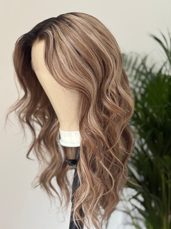22 inch brown and blonde balayage human hair wig with soft layers and waves