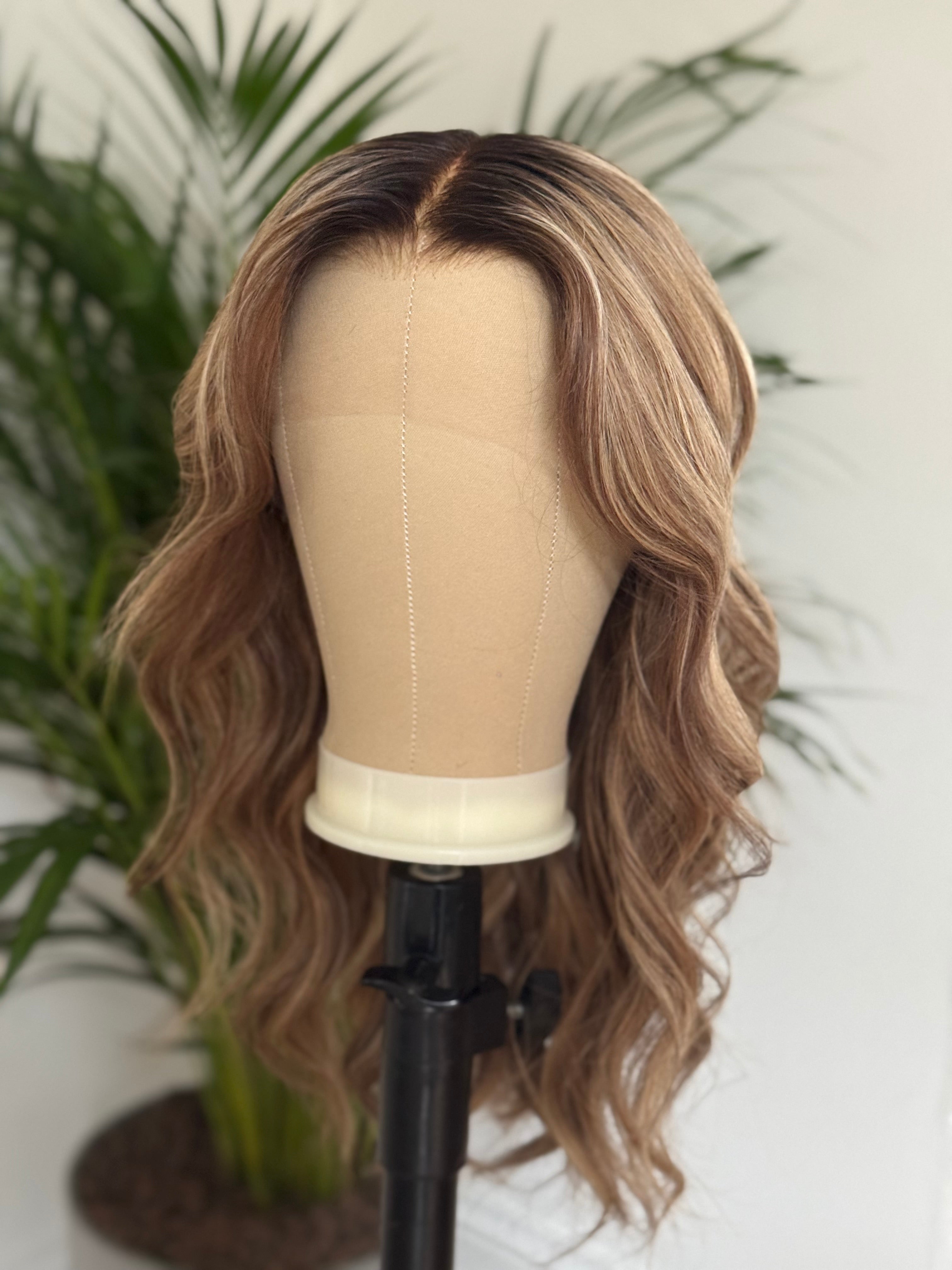 Front view of 22 inch brown blonde balayage human hair wig with dimensional highlights