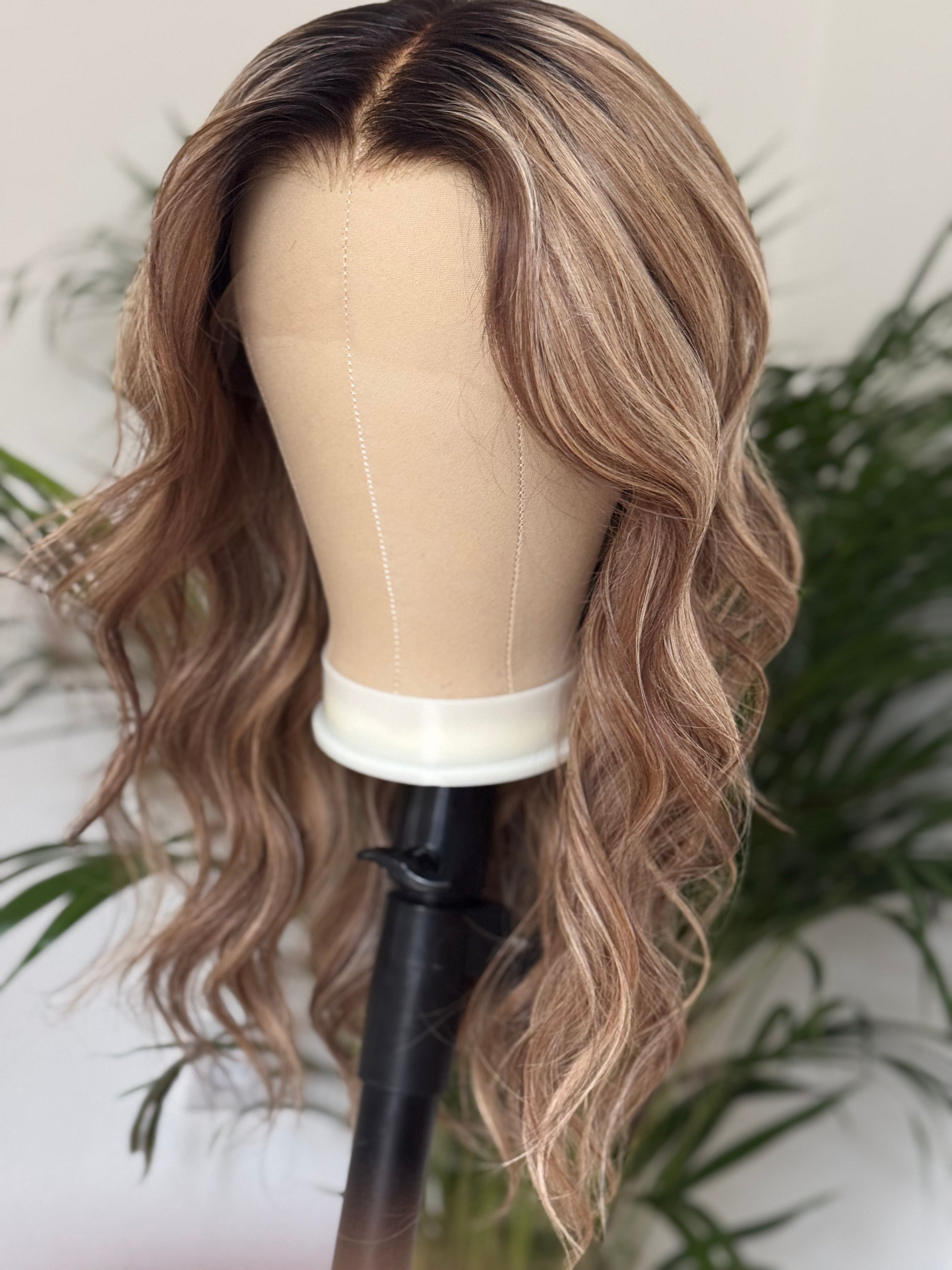 Lightly layered brown blonde balayage human hair wig with natural movement