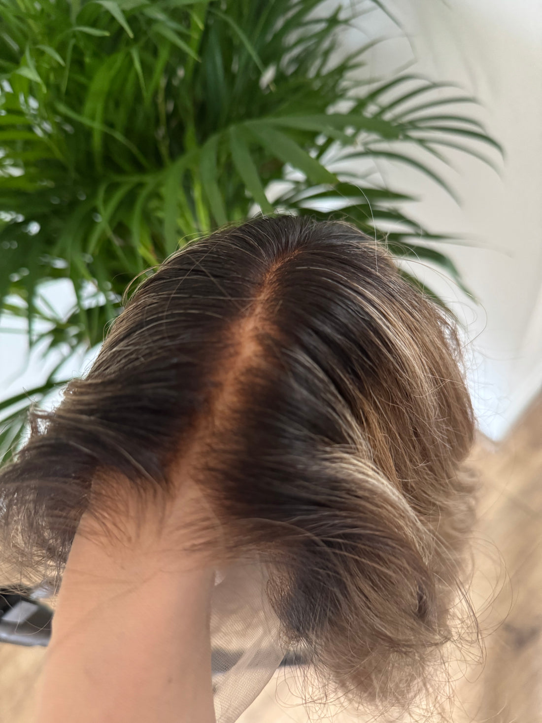 Close up of natural lace front hairline on brown blonde human hair wig