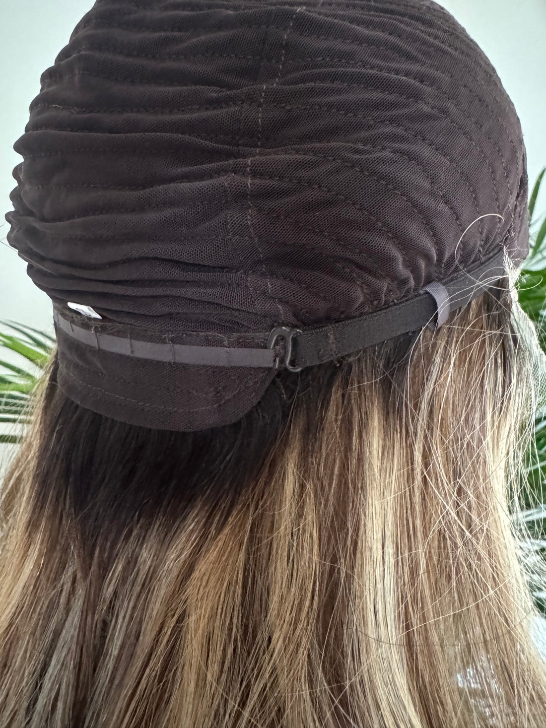 Natural scalp effect and lace construction on brown blonde balayage human hair wig