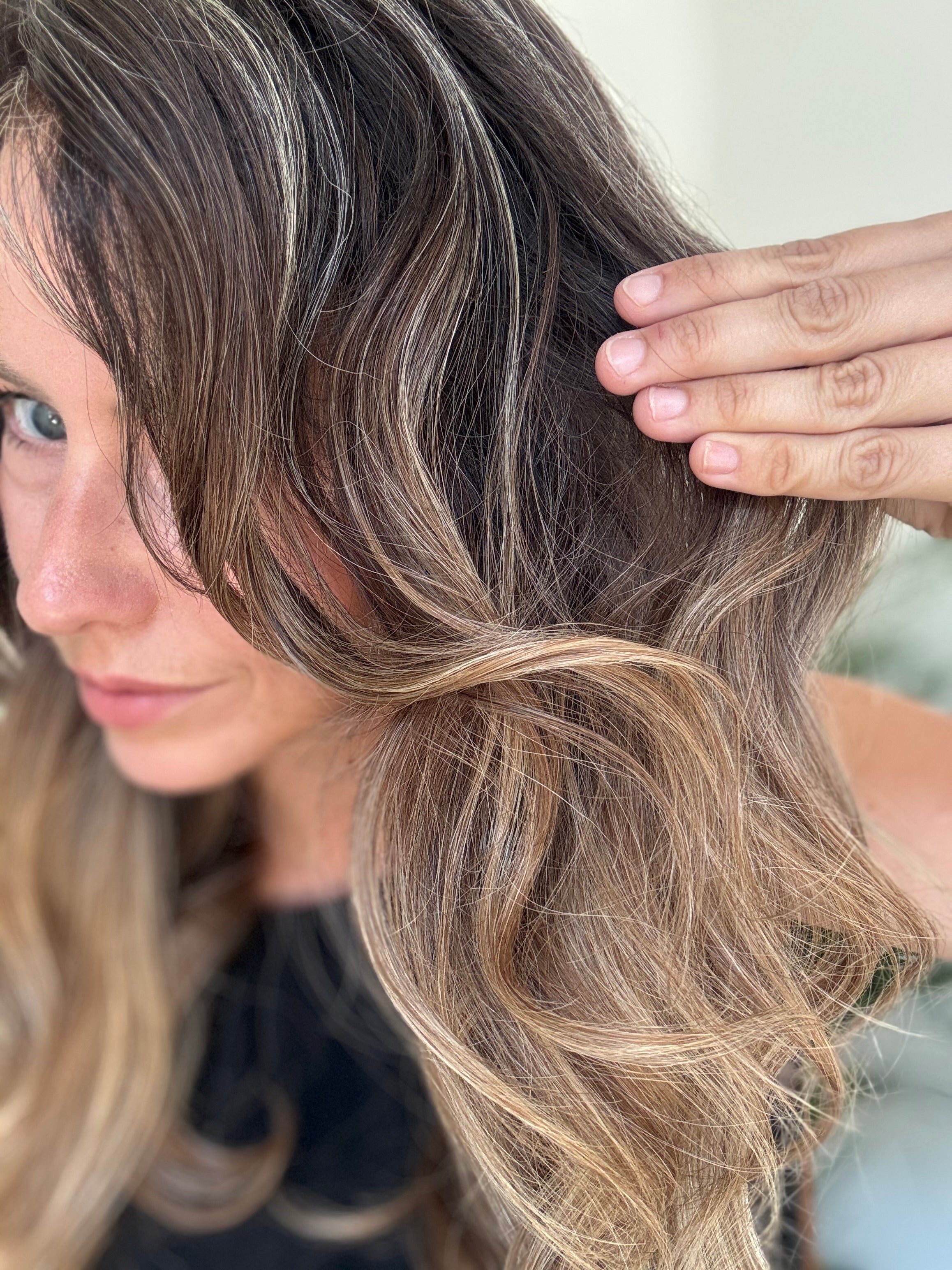 Brown and blonde balayage colour detail on Olivia human hair wig