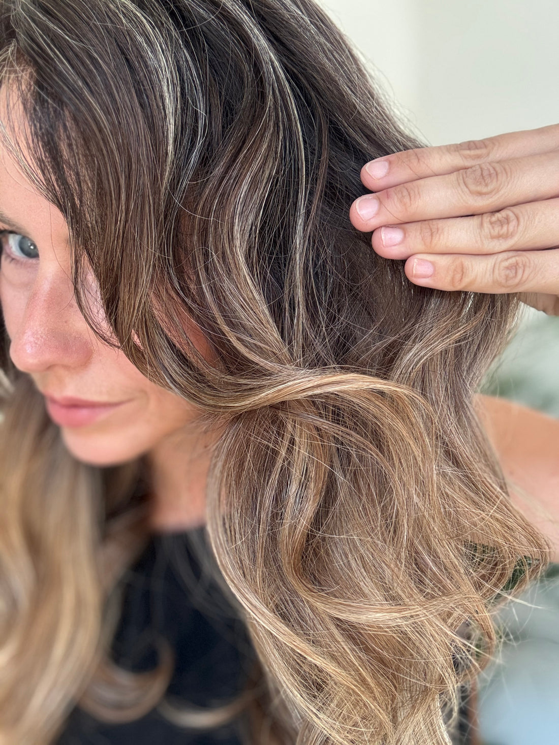 Brown and blonde balayage colour detail on Olivia human hair wig