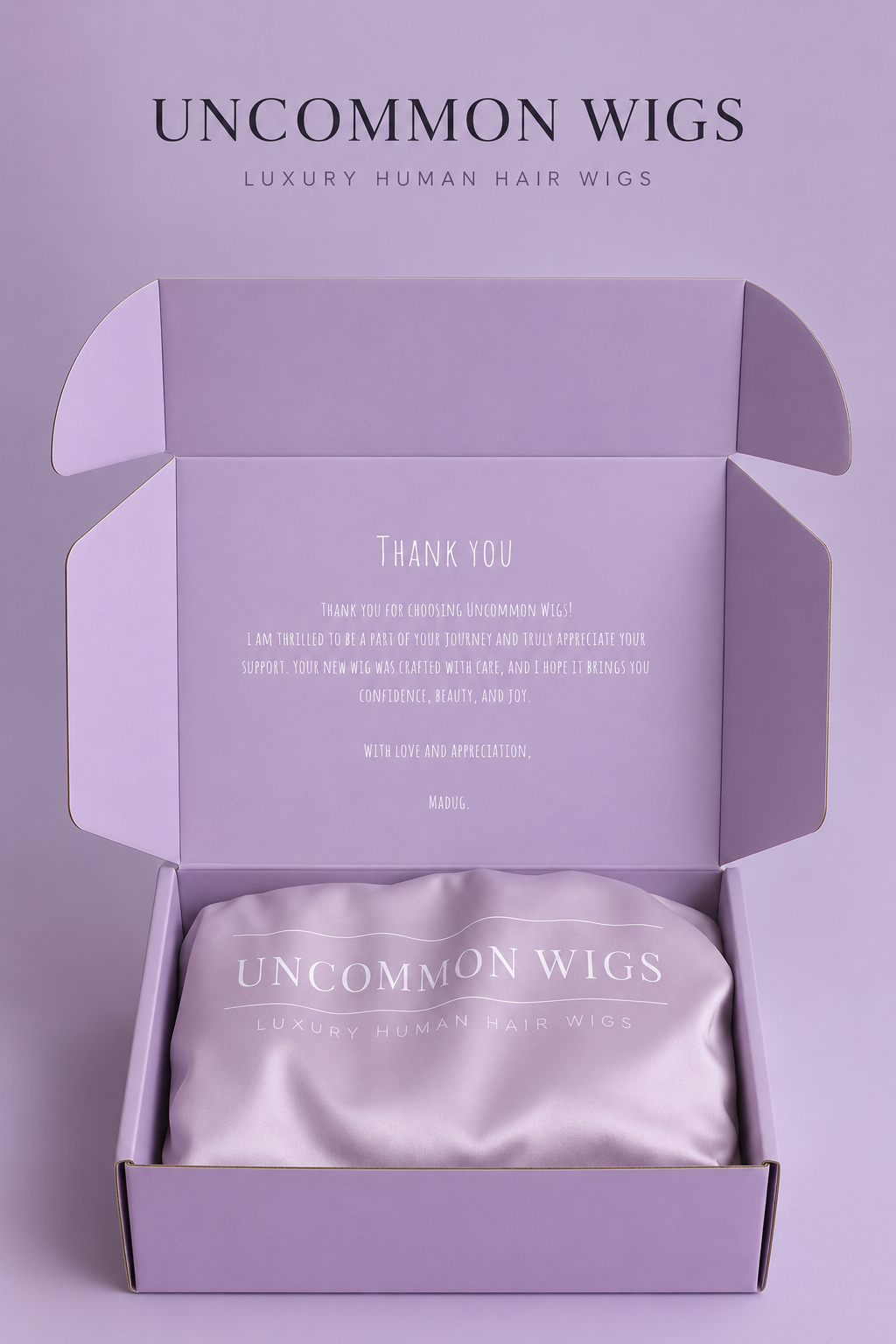 Luxury Uncommon Wigs packaging for premium human hair wigs