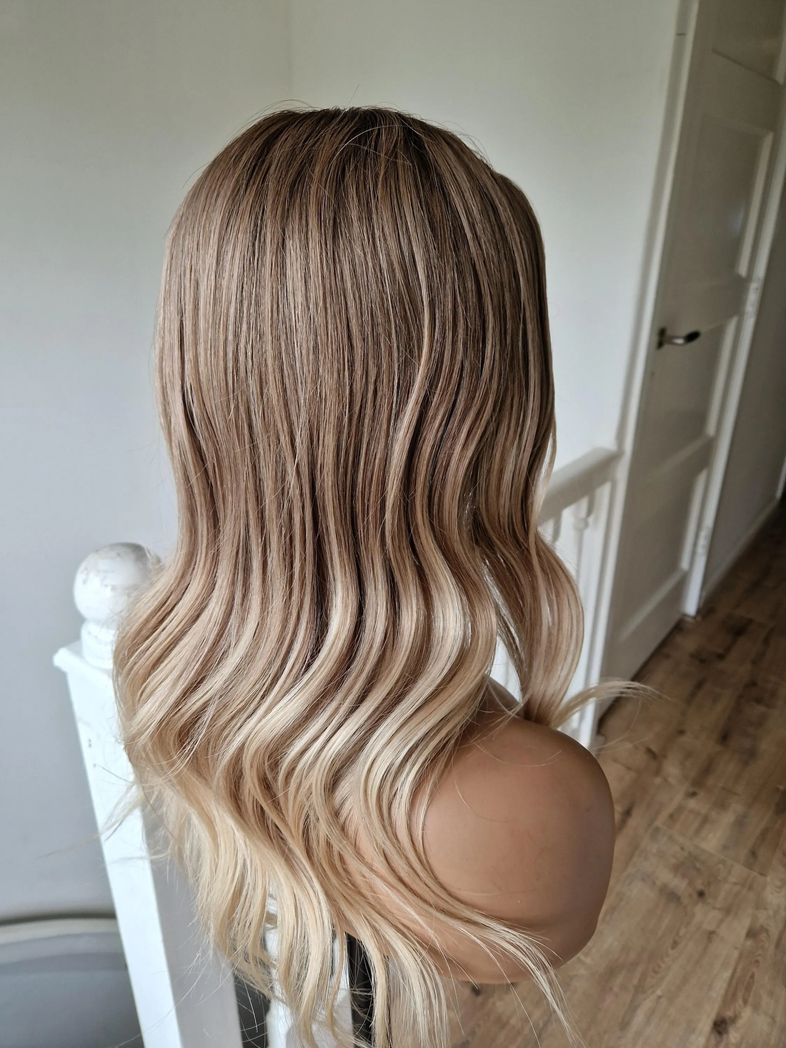 Premium Brazilian virgin human hair wig in golden blonde balayage