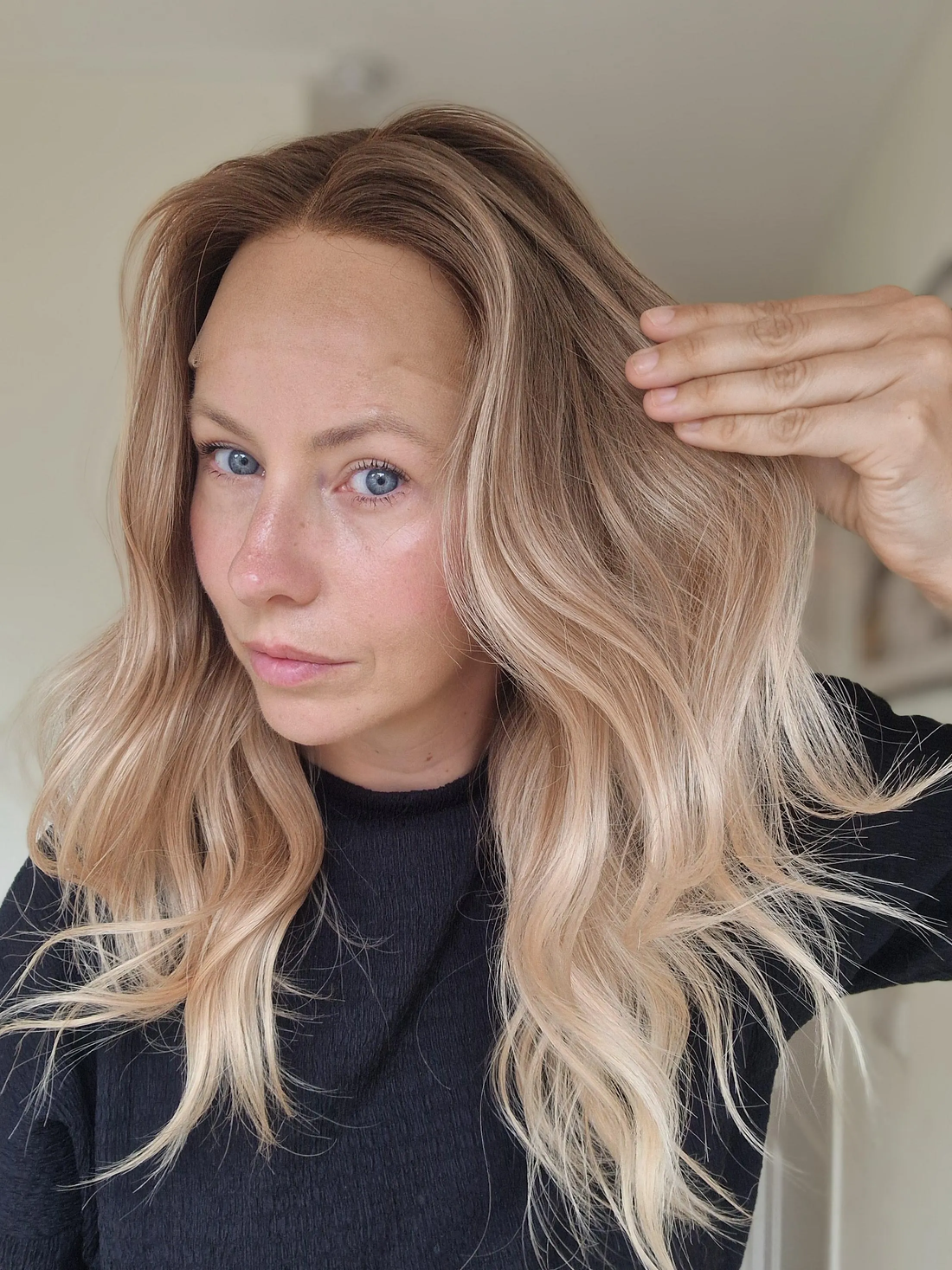 Close-up of the golden blonde balayage on The Anna Wig