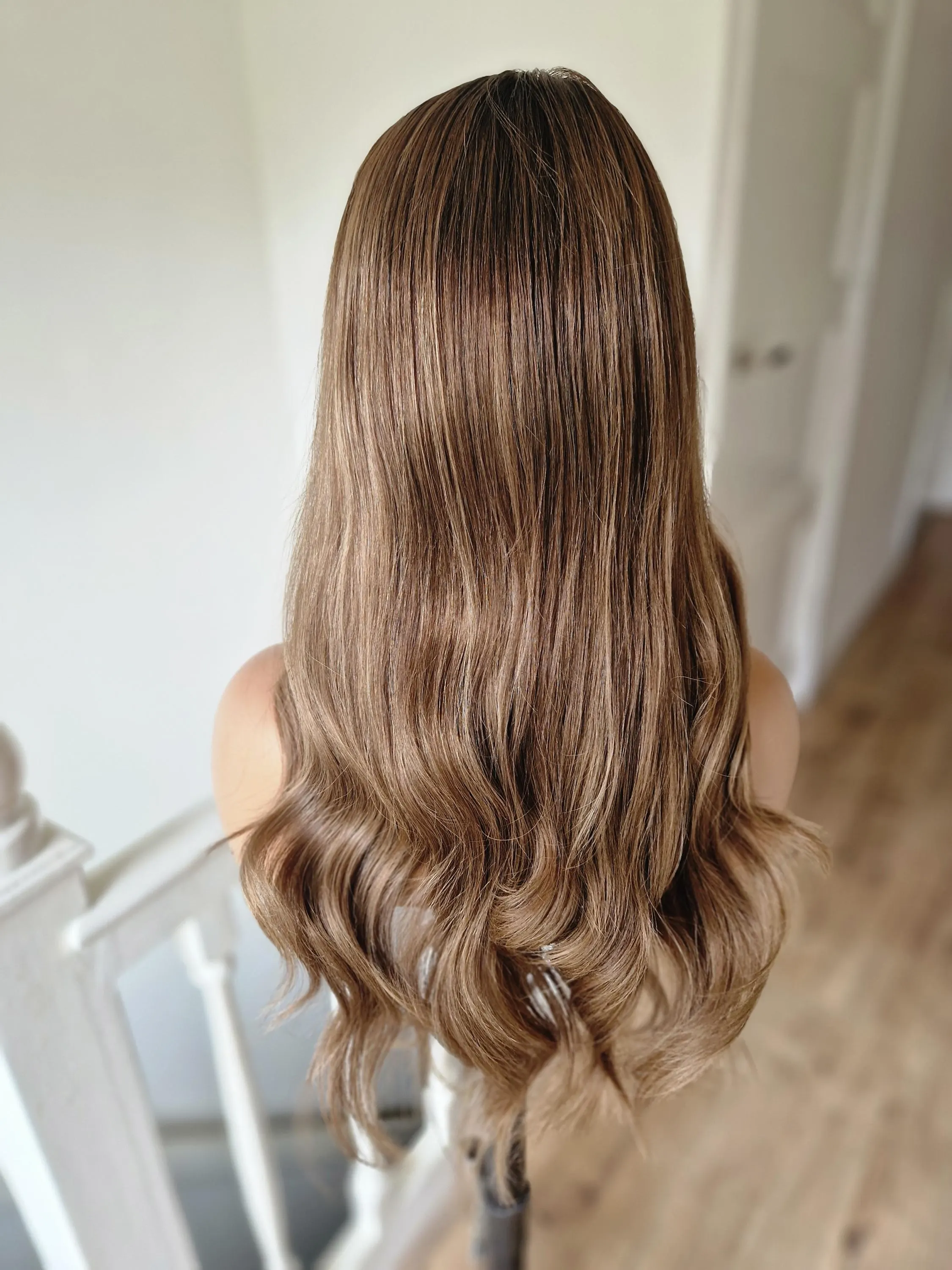 Premium Brazilian virgin human hair wig in light brown balayage