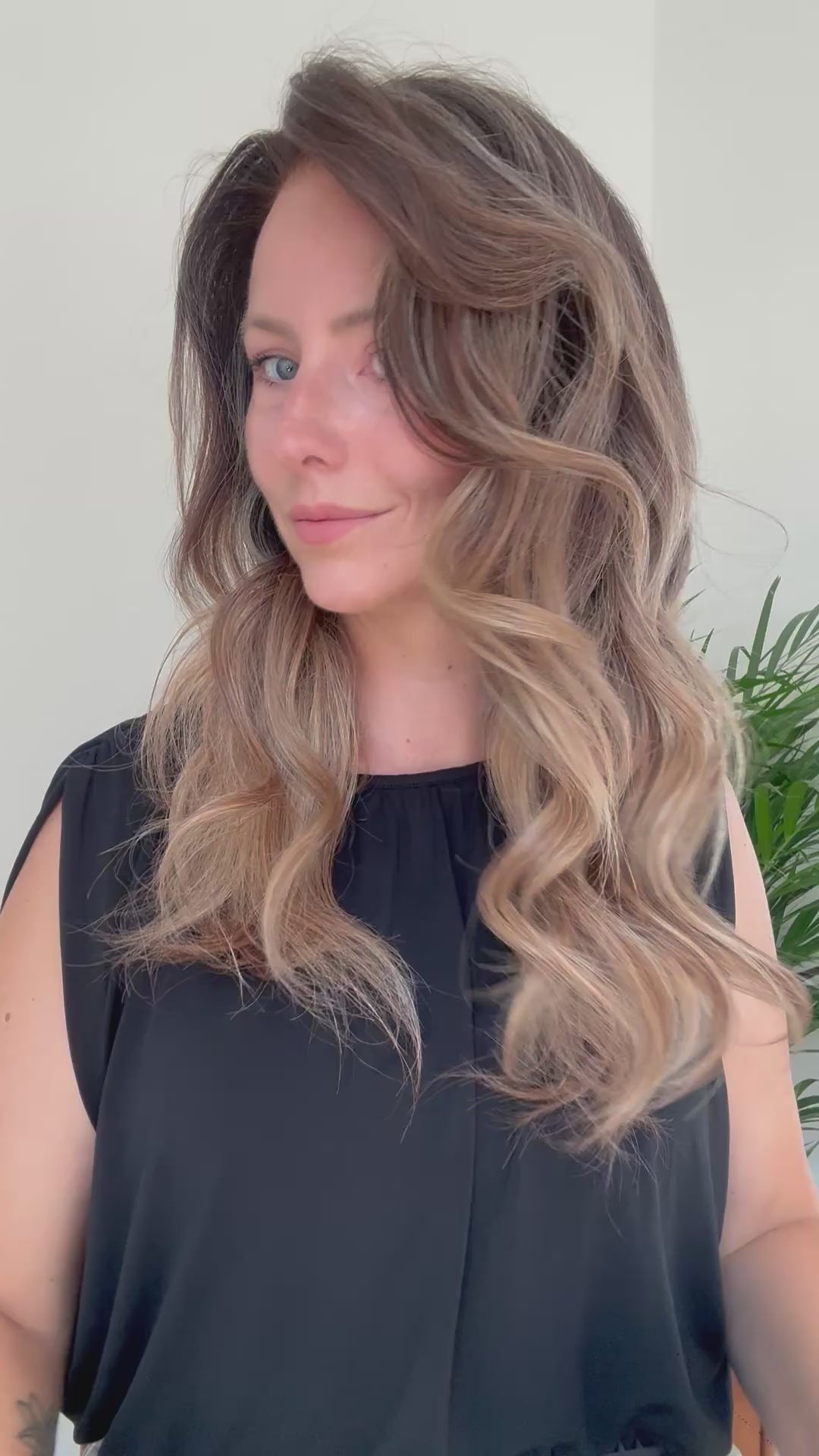 Olivia 22 inch brown blonde balayage human hair wig in motion